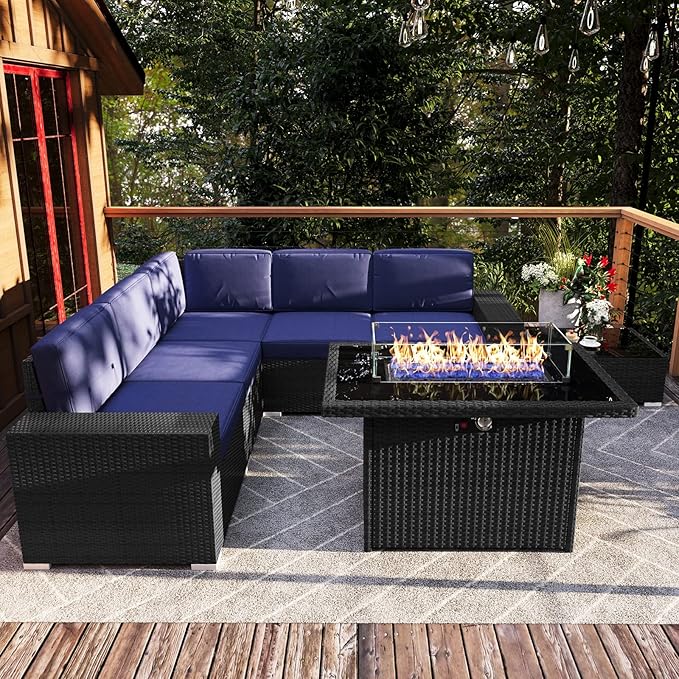 7 Pieces Patio Furniture Set with 44" Propane Gas Fire Pit Table, Outdoor Sectional Wicker Conversation Sofa Sets with Coffee Table