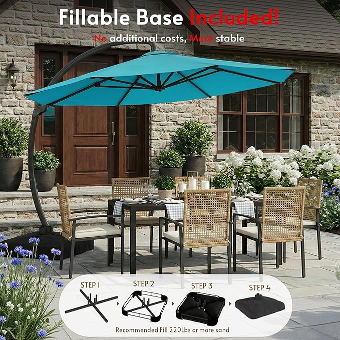 11FT Cantilever Patio Umbrella with Base Included, Large Cantilever umbrella with 360°Rotation, Heavy-Duty Offset Outdoor Umbrella for Patio,Pool,Garden and Backyard (Turquoise)