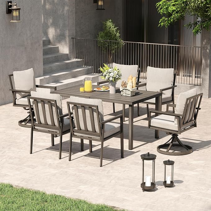 HAPPATIO Patio Dining Set for 6, 7-Piece Outdoor Aluminum Dining Set, 2 Cushioned Swivel Chairs, 4 Dining Chairs and Table for Deck Yard Poolside, Rust-Proof, Weather-Resistant, Easy Assembly