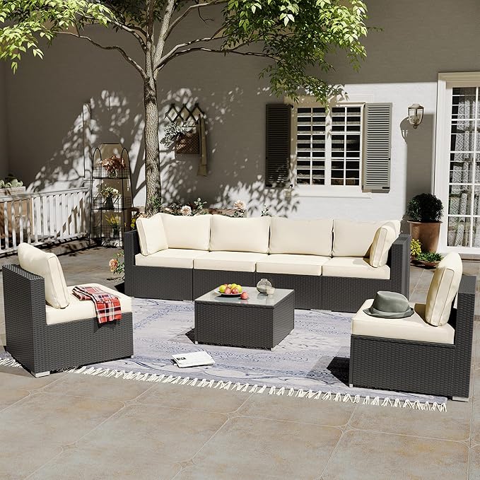 LAUSAINT HOME 7-Piece Patio Furniture Set, PE Rattan Outdoor Patio Furniture All Weather Outdoor Sectional Conversation Sets with 6 Chairs and 1 Tempered Glass Table for Garden (Beige)