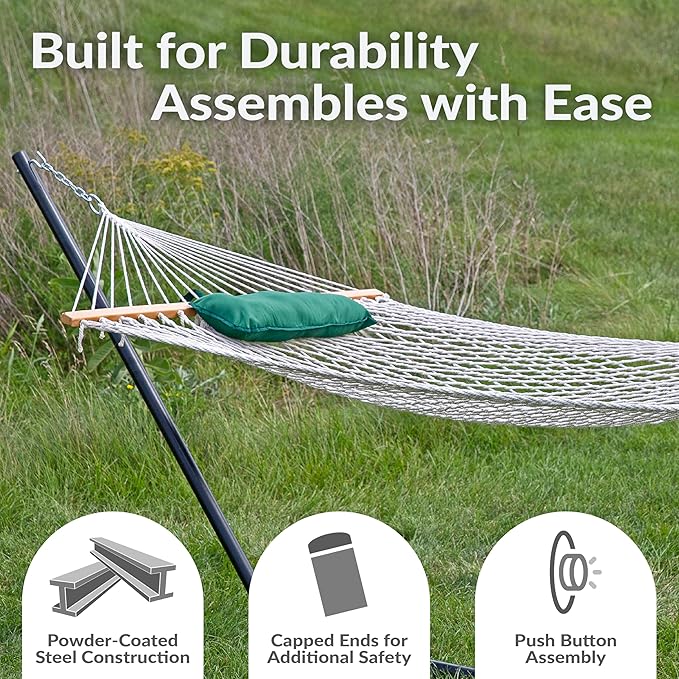 Sunnydaze Rope Hammock with Stand for Outside- 275-Pound Capacity - Includes 12-Foot Hammock Stand, Spreader Bar, Pad, and Pillow - Green & White Stripe