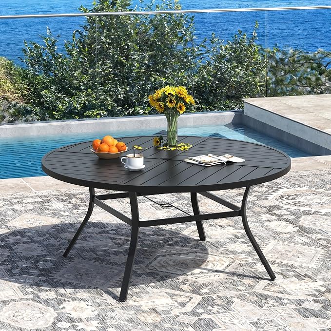 DIFY 9 Piece Patio Dining Set for 8, Wicker Stackable Patio Chairs & 53.1" Round Black Metal Dining Table with Umbrella Hole, All Weather Outdoor Table and Chairs Set for Deck Garden Backyard