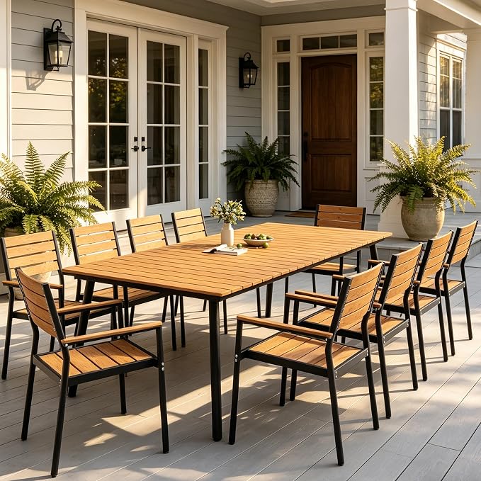 11-Piece Outdoor Dining Set for 10 Person with Teak Wood-Grain Top | Armrest Stackable Chairs with 19.4" Seat Depth, Aluminum Frame Dining Furniture with Umbrella Hole for Deck, Porch & Backyard