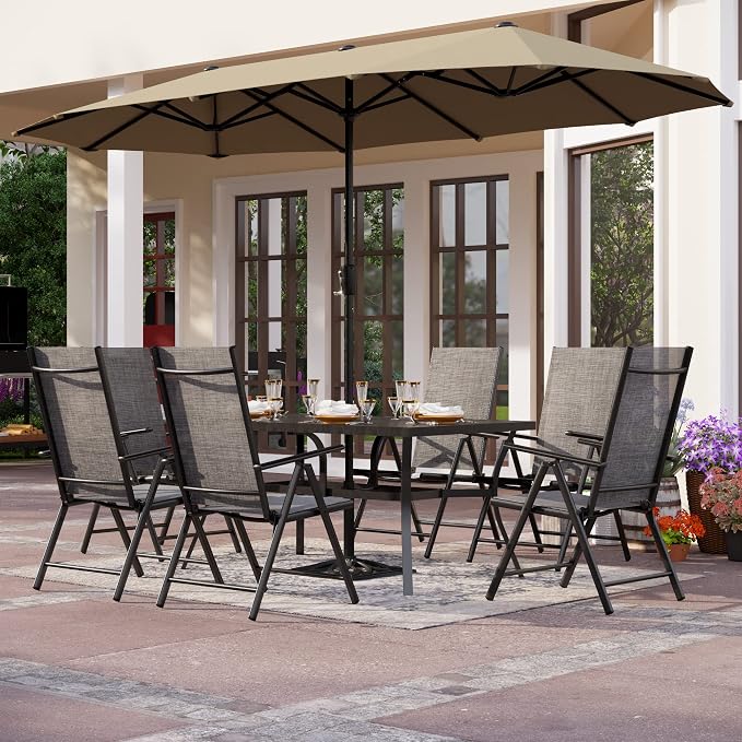 PHI VILLA Outdoor Patio Dining Set with Umbrella for 6, Folding Chairs | Light-weight & portable, Breathable & quick-drying textilene fabric, Weather-resiatant, 13Ft beige umbrella without base