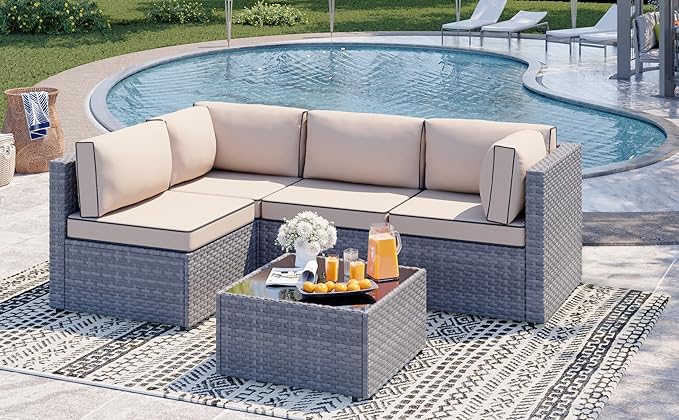 SUNLEI Outdoor Patio Furniture Set 5 Pcs, Rattan Balcony Furniture with Backrest Glass Table & Washable Cushions Small Conversation Patio Set with Sectional Design (Silver/Khaki)