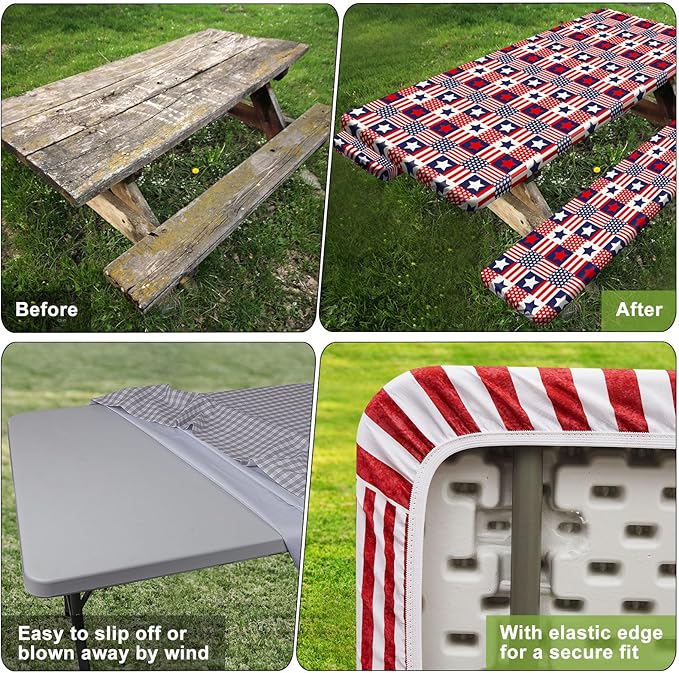 Play Tailor Picnic Table Cover with Bench Covers Camping Essentials Waterproof Windproof Camping Tablecloth with Drawstring Bag, Fitted Rectangle Tables and Seats, 72in, Red Blue Checkered