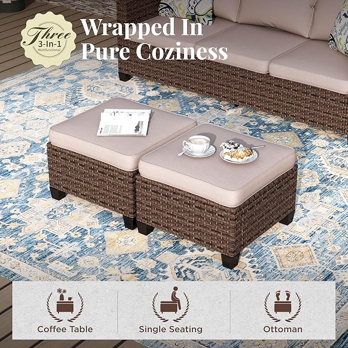 Swivel Glide Outdoor Patio Furniture Set, 6 Pcs Wicker Patio Conversation Set, 2 x Swivel Chairs, 1 x 3 Seater Sofa and 2 x Ottomans with 4" Thick Cushions and 56" Fire Pit Table, Beige