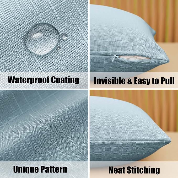 NiNi ALL Waterproof Outdoor Pillow Covers 24x24 Set of 2 Patio Light Blue | Faux Linen Textured Decorative Solid Throw Pillow Covers Farmhouse for Garden Furniture Tent Balcony Couch Sofa Cushion