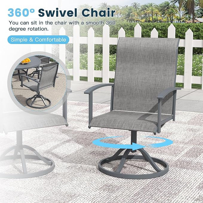 7 Pieces Outdoor Patio Dining Table Set, 50" All Weather Round Metal Table with Umbrella Hole and 6 High Back Textilene Swivel Chairs for Garden, Lawn, Poolside, Grey