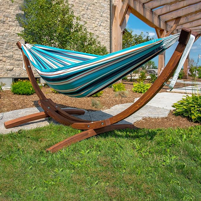 Vivere Double Cotton Hammock with Solid Pine Arc Stand - 450 lb Capacity, Durable FSC Wood Frame, Includes Hardware & User Guide - 450 lb Weight Capacity (Token Surfside)