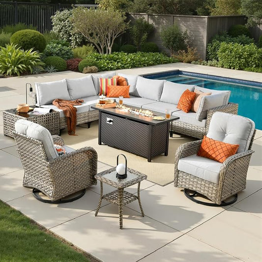 11 Pieces Patio Sectional Furniture Set, Outdoor Wicker Sectional Couch with Firepit Swivel Rocker Chairs Solar Lights Table, Modern Conversation Set for Porch Balcony Backyard, Gray