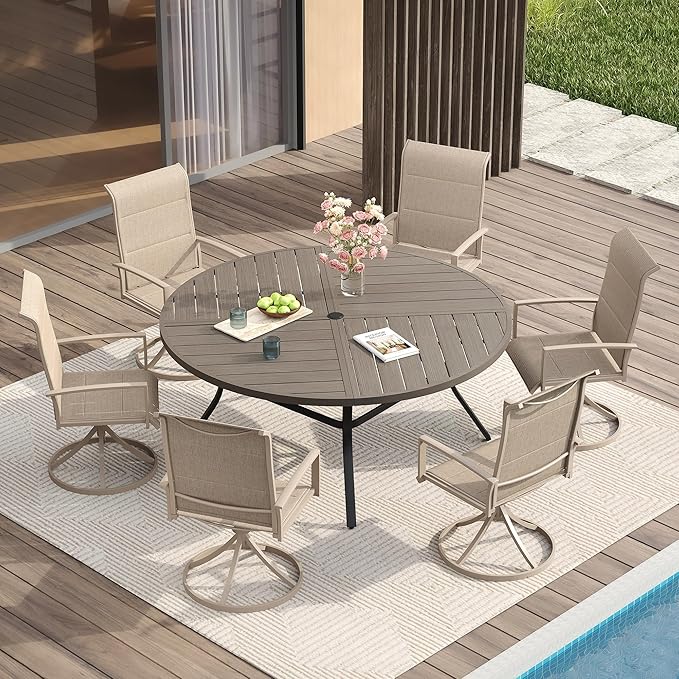 VICLLAX Patio Dining Set for 6, 6 Seats Outdoor Furniture Includes 53.1" Round Patio Table and Swivel Padded Chairs, Grey Wood Grain Tabletop and Sandshell Fabric