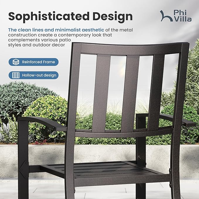 PHI VILLA 7 Piece Outdoor Dining Set for 6, 60” Rectangular Metal Steel Table with Umbrella Hole & Stacking Wrought Iron Chairs, Large Furniture Set for Patio, Deck, Yard - Black