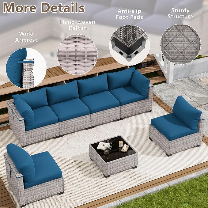 LOUVIXA 7 Piece Outdoor Patio Furniture Set, Outdoor Sectional Sofa, Wicker Rattan Patio Furniture, Patio Conversation Set with Coffee Table & Cushions