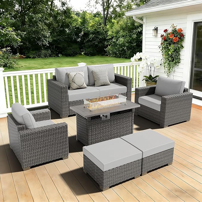 ABCASA Patio Furniture Set with Fire Pit Table, 44'' 60,000 BTU Flame Comfortable 7 Pieces Wicker Rattan Outdoor Furniture Set w/Soft Cushion, Patio Conversation Sets for Porch,Deck,Poolside,Grey
