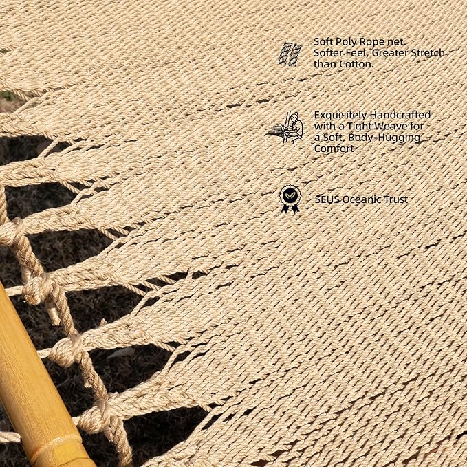 Double Saniwerke Caribbean Hammock, Hand-Woven with Wooden Spreader Bars, 79" Wide x 12 ft Long, Outdoor Indoor Use, Double Person Hammock for Patio Balcony Porch Relaxation, Soft Tan
