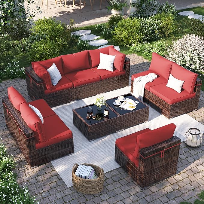 Patio Furniture Set, Modular 10-Piece Patio Conversation Sets with Coffee Table, All-Weather Wicker Outdoor Sectional for Backyard and Balcony, Wine (Waterproof Covers Included)