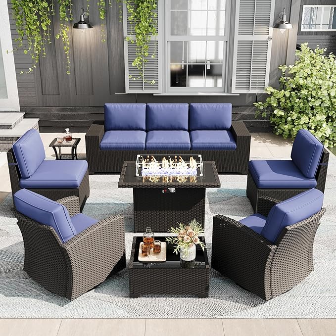 LayinSun 10 Pieces Patio Furniture Set with Fire Pit Table, Black Rattan Modular Sectional Outdoor Conversation Sofa Set, Swivel Rocking Chairs Set