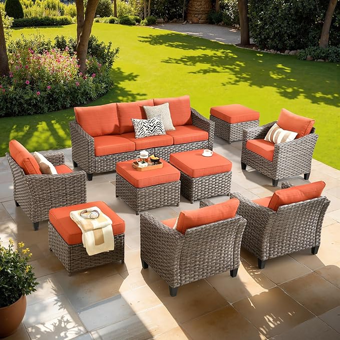 9 PCS Outdoor Patio Furniture Set, All-Weather Rattan Wicker Conversation Group with Deep Seating, High Back Comfort for Porch, Backyard, Orange