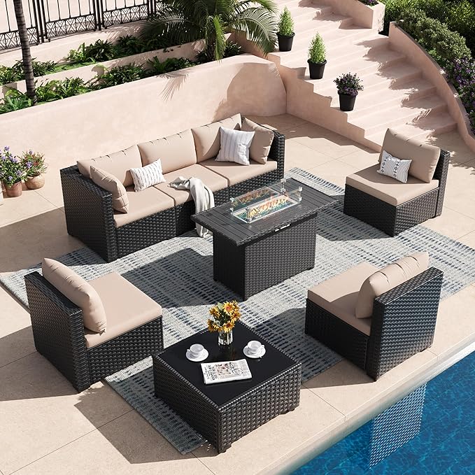 8 Piece Patio Furniture Set with 43" Fire Pit Table, Outdoor Sectional Wicker Rattan Sofa Set with Coffee Table (Beige/Black)