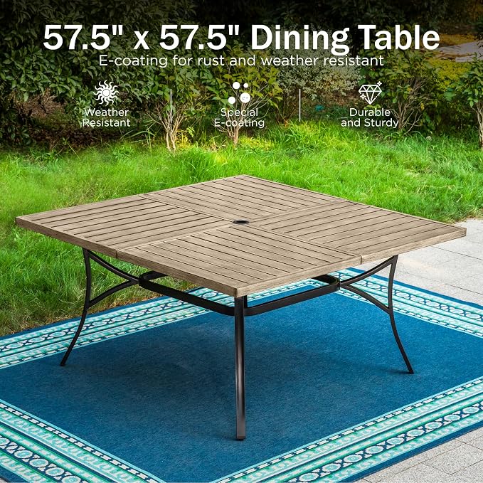 PHI VILLA 9 Pcs Outdoor Dining Set& 57.5" Wood-Like Table | Square Iron Table w/ Umbrella Hole & Stackable Black Metal Steel Chairs,Patio Furniture Set for Patio, Deck, Yard, Porch