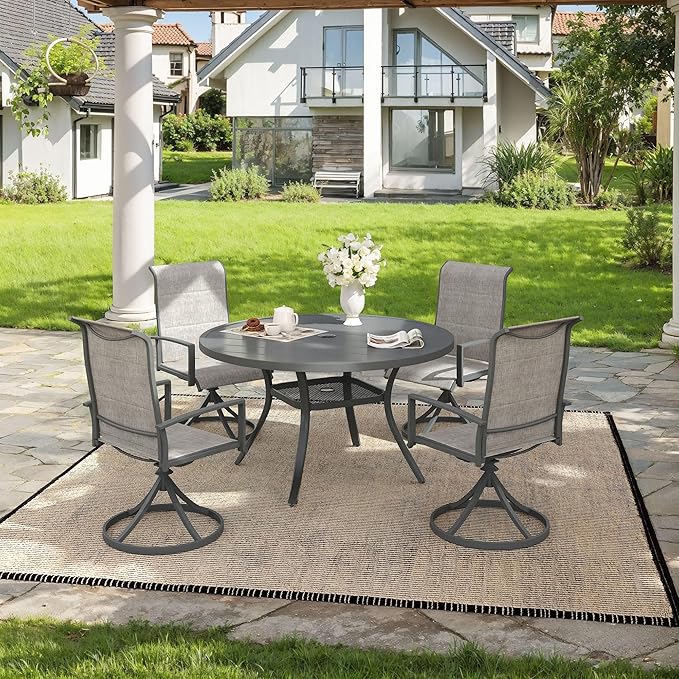 VICLLAX 5 Pieces Outdoor Dining Set, Patio Furniture Set Includes 40.6" Round Metal Table W/ 1.9" Umbrella Hole and 4 Padded Textilene Swivel Chairs for Porch, Lawn, Garden, Backyard