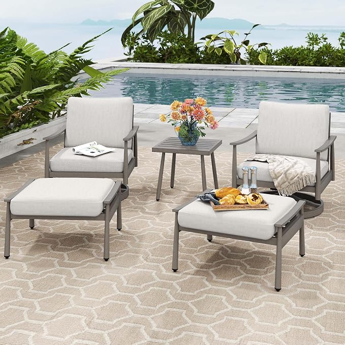 HAPPATIO Aluminum Outdoor Furniture Set - 5 Pieces Patio Furniture Set Includes 1 Side Table, 2 Swivel Chairs and 2 Ottomans with Thick Cushion, Patio Conversation Set for Backyard Poolside (Grey)