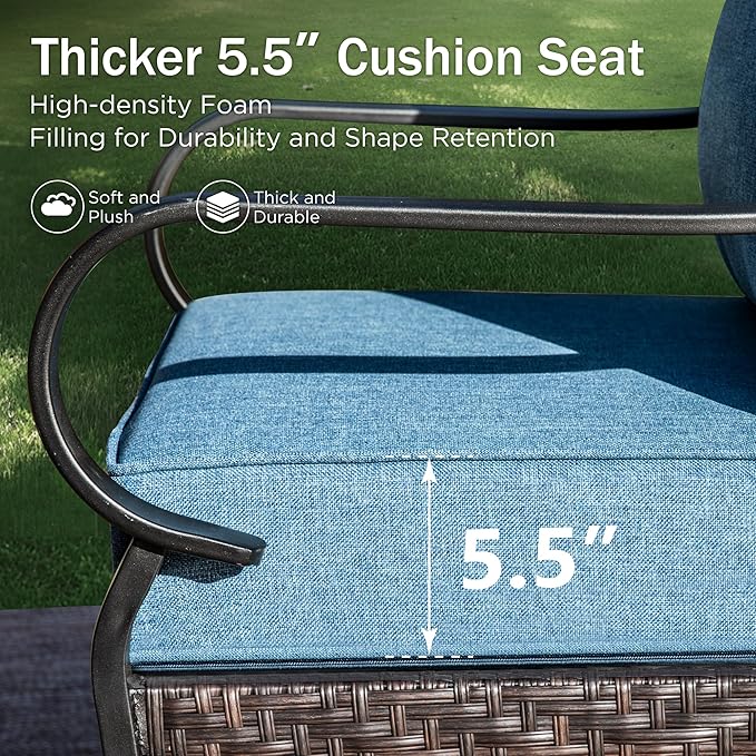 PHI VILLA Outdoor Modern Patio Furniture Set, Upgraded Wicker & Metal Patio Furniture Conversation Set with Waterproof Thick Cushions for Porch, Poolside, Yard (4 Pieces,Navy)