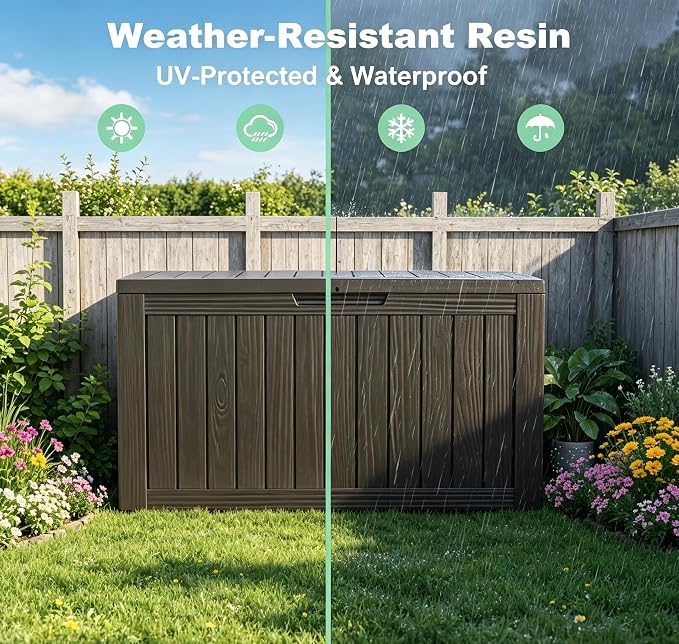 LAUSAINT HOME 90 Gallon Resin Deck Box, Package Delivery Box with Lockable Lid, Waterproof Outdoor Storage Box For Garden Tools, Patio Cushions(90 Gallon,Black)
