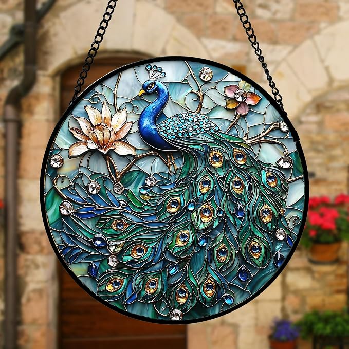 DASTOLL Stained Glass Window Hanging, Blue Peacock Decoration Suncatcher for Door Garden Home Flower Bird Sun Catchers Christmas Mother's Day Birthday Gifts for Women Men Mom Nana Friend 7.8 in