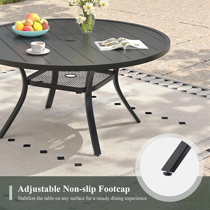 7 Pieces Outdoor Dining Set, Stackable Textilene Paito Chairs & 47.2" Round Dining Table with Umbrella Hole and Shelf, Patio Dining Set for Backyard, Deck, Garden, Brown & Black