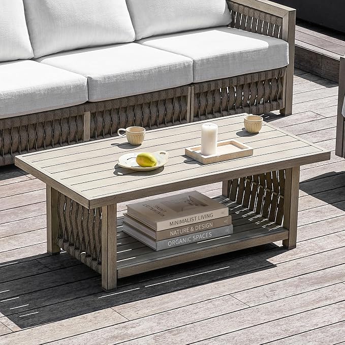 Outdoor Patio Coffee Table, 2-Tier Rectangle Outdoor Patio Table with Rope Weave, Modern Accent Table with Heavy-Duty Aluminum Frame, Patio Furniture Set for Garden Porch Yard Deck, Gray Oak