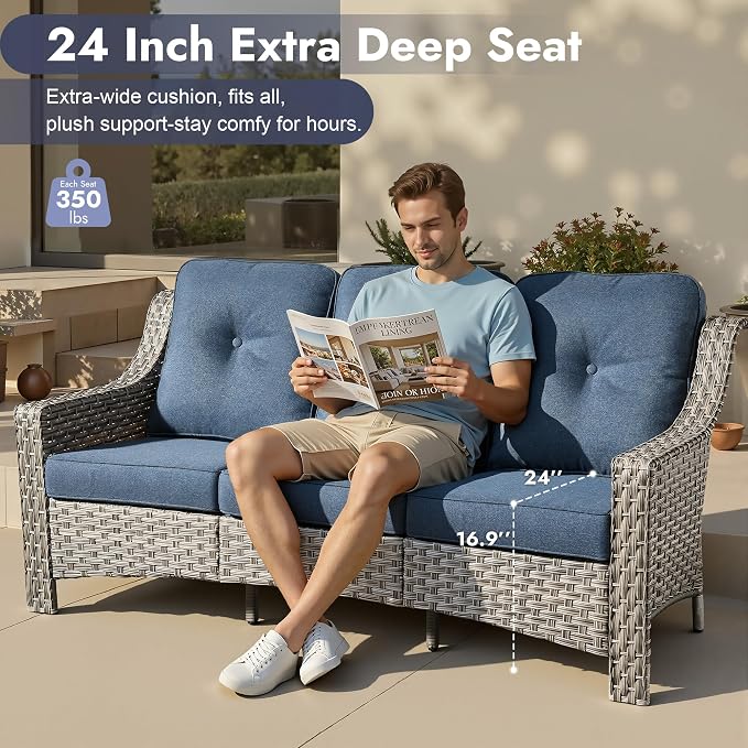 6 PCS Patio Furniture Set, Deep Seat High Back Outdoor Conversation Set with Ottomans, Wicker Outside Furniture with Solar Light Coffee Table for Porch Backyard Balcony, Sunroom, Denim Blue