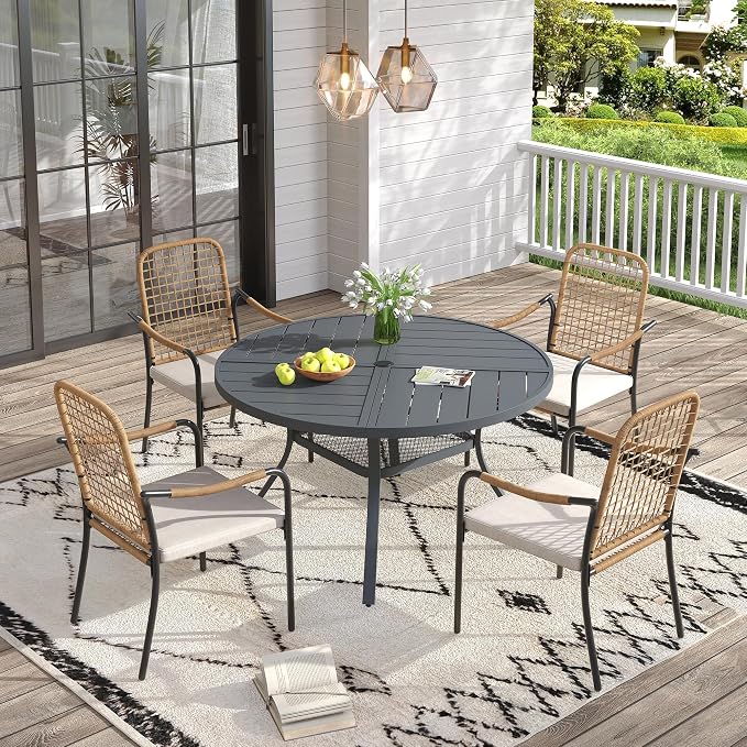 VICLLAX 40.6" Round Patio Table with Umbrella Hole, All Weather Metal Outdoor Dining Table for 4, Outside Table with Storage Shelf for Lawn Garden, Grey