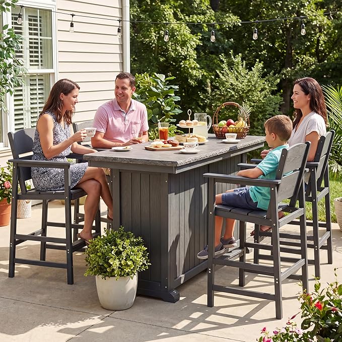 2 Pack Outdoor Bar Stools, HDPE Patio Bar Chairs with Armrests & Footrest, Weather Resistant All-Weather Counter Height Chairs for Outdoor Deck, Backyard, Poolside,Grey
