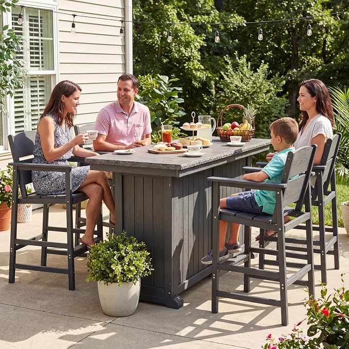4 Pack Outdoor Bar Stools, HDPE Patio Bar Chairs with Armrests & Footrest, Weather Resistant All-Weather Counter Height Chairs for Outdoor Deck, Backyard, Poolside,Grey