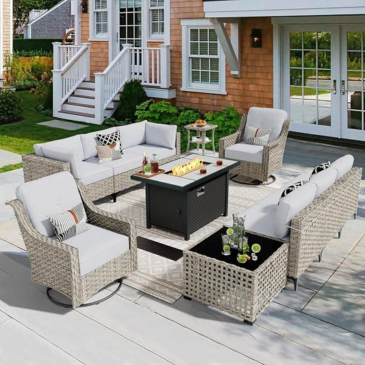 CAODOC 11 Pieces Outdoor Patio Furniture Set, Rattan Wicker Sectional Swivel Rocker Chairs Sets with Fire Pit, Swivel Glider Chairs, and Solar Powered Table