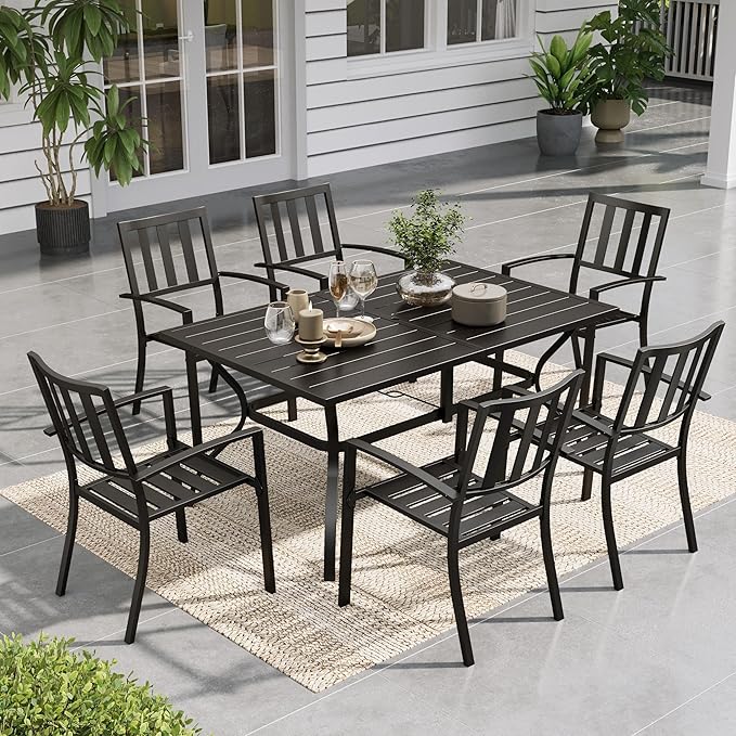 Sophia & William 7-Piece Patio Dining Set for 6, 60.2" Metal Outdoor Table with Umbrella Hole & 6 Stackable Chairs, Heavy-Duty 300LB Capacity - Black - Garden Furniture for Deck, Lawn, Backyard