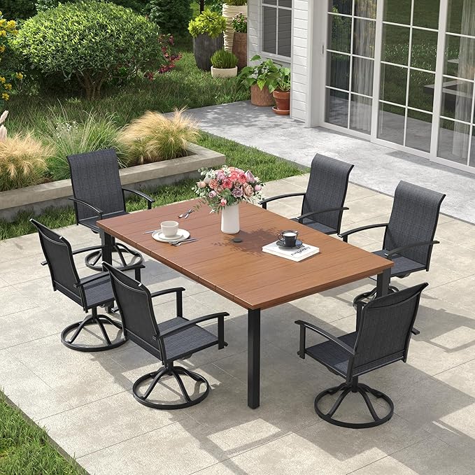 VICLLAX 7 Pieces Patio Dining Set, Patio Furniture Set of Metal Outdoor Table with Umbrella Hole and 6 Swivel Patio Chairs for Backyard Lawn, Charcoal & Walnut