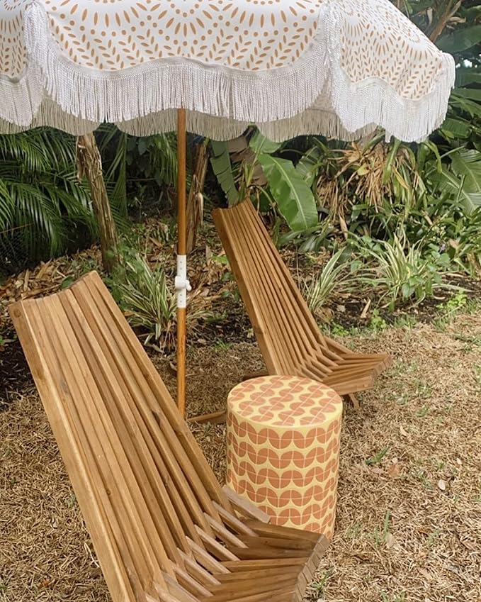 Business & Pleasure Co. Holiday Umbrella - Boho Beach Umbrella with White Fringe, UPF 50+, 1" Tilting Wood Pole, 5’ x 6.5’, Eyelet