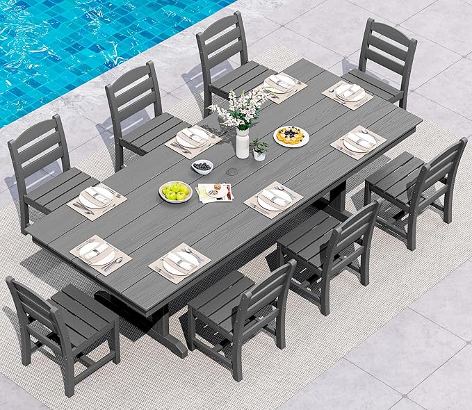 SERWALL 9 Piece Outdoor Dining Set, 84" HDPE Outdoor Table and Armless Chairs Set for 8，All Weather Patio Furniture Set with Umbrella Hole for Backyard, Garden, Gray