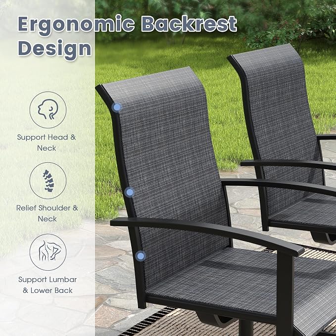 VICLLAX 5 Pieces Patio Outdoor Dining Set, 4 Swivel Textilene Chairs and 47.2" Round Metal Table with Umbrella Hole for Porch, Deck, Garden, Black