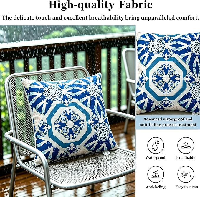 Outdoor Pillows 2-Pack, Waterproof Fade-Resistant (Blue Flowers, 18x18) | Zippered removable covers easy cleaning, premium PP cotton fill resilient comfort, multiple color options, reinforced edges
