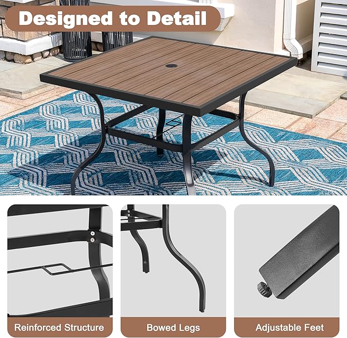 NUU GARDEN 5-Piece Outdoor Dining Se4 Textilene Chairs & 37" Square Table with Umbrella Hole and Faux Wood Tabletop,Outdoor Furniture for Backyard, Deck, Yard, Garden,Black Brown