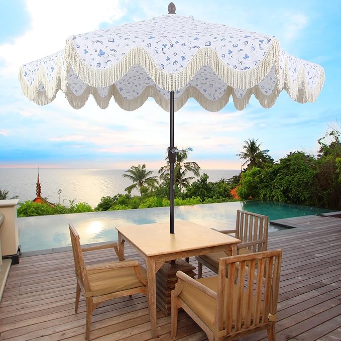 JONATHAN Y UMB1001 Collins 9 ft. Classic Cottage Tassel Market Patio Umbrella with Auto-Tilt, Crank, Wind Vent and UV Protection