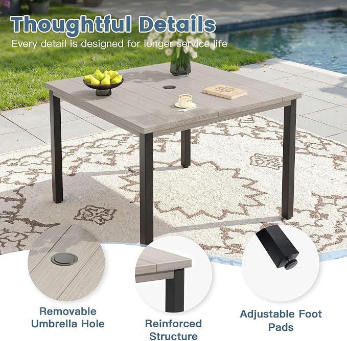 DIFY 5 Pieces Outdoor Dining Set, Metal Patio Table and Chairs Set for 4 with Umbrella Hole, 40.2" Grey Wood-Like Square Table and Sandshell Textilene Swivel Patio Chairs for Garden, Backyard, Deck