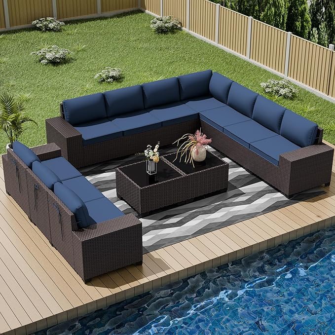 12 PCS Outdoor Patio Furniture Set,Outdoor Sectional Furniture All Weather PE Rattan Wicker Patio Conversation Set with 2 Coffee Tables and 10 Thickened Cushions,Navy Blue