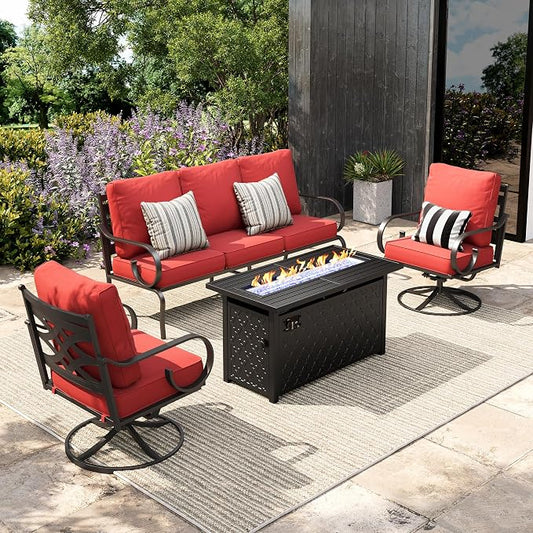 Sophia & William Patio Conversation Set for 5, 3-Seater Sofa, 2 Swivel Chairs and a 45" Fire Pit Table, Metal Outdoor Furniture with 5.75" Extra Thick Cushions, Red