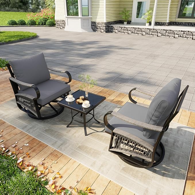 3 Pieces Glider Rocking Chairs, Outdoor Swivel Rocker Chairs with Thick Cushion, Patio Bistro Furniture Set with Side Table, Rope Conversation Sets for Porch Balcony Backyard Deck, Gray Cushions