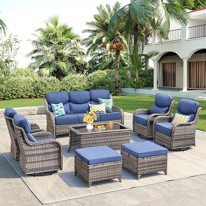Luxury 8 Pieces Outdoor Patio Furniture Set-All Weather Wicker Swivel Rocker Patio Chairs with 6" Thick Cushion Rattan Sofa Coffee Table, Outdoor Conversation for Garden Porch Backyard(Grey/Blue)